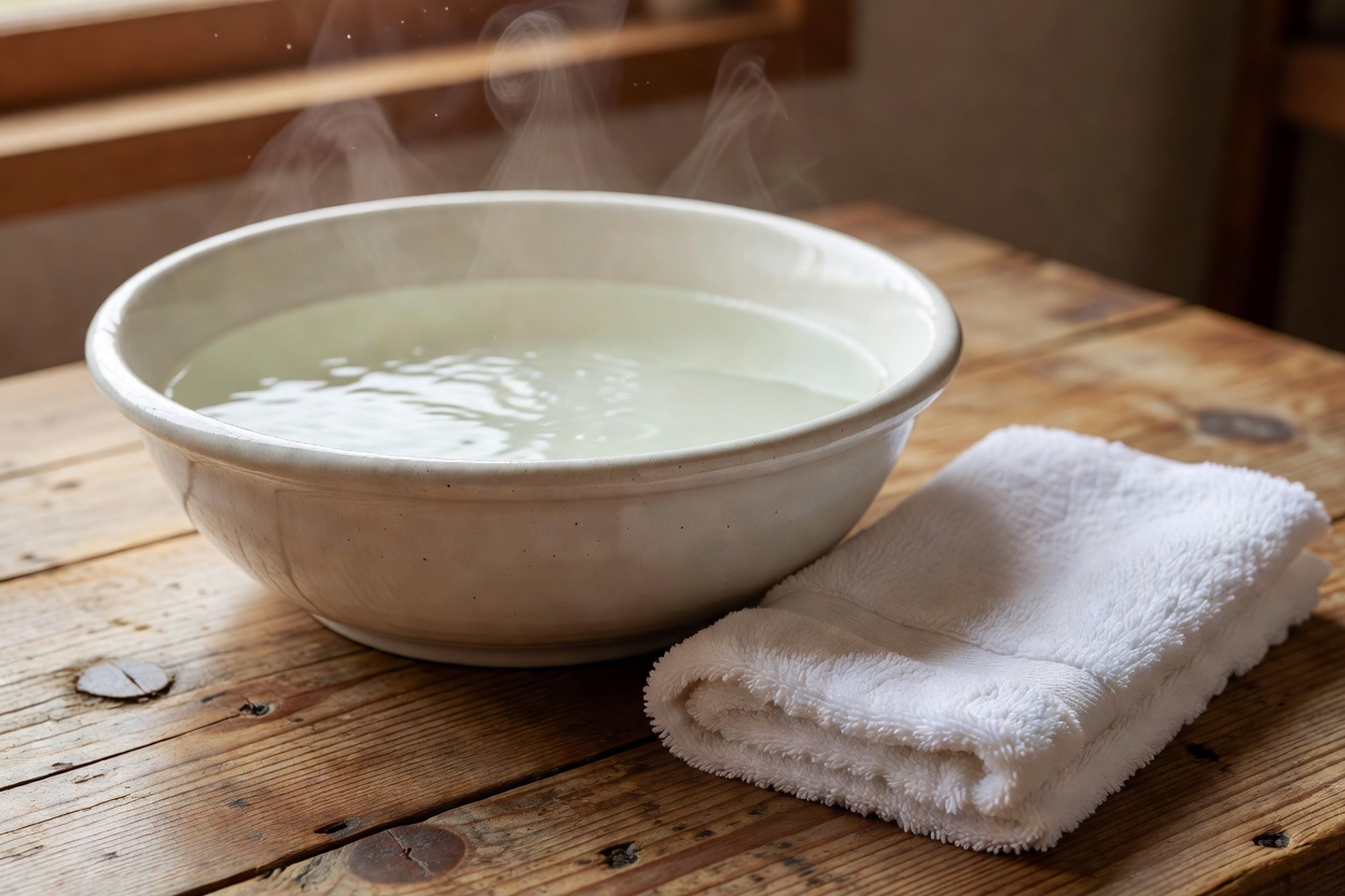 Close-up of a wide ceramic basin of warm water with a folded cotton towel beside it