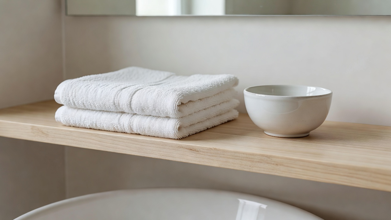 Close-up of a cleared bathroom shelf holding one folded cotton towel and a small ceramic bowl