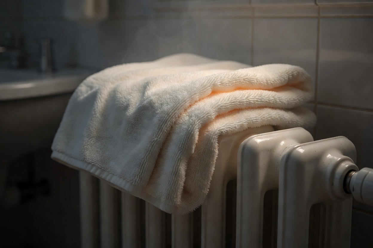 Close-up of a soft cotton towel folded over a white radiator in a dim bathroom