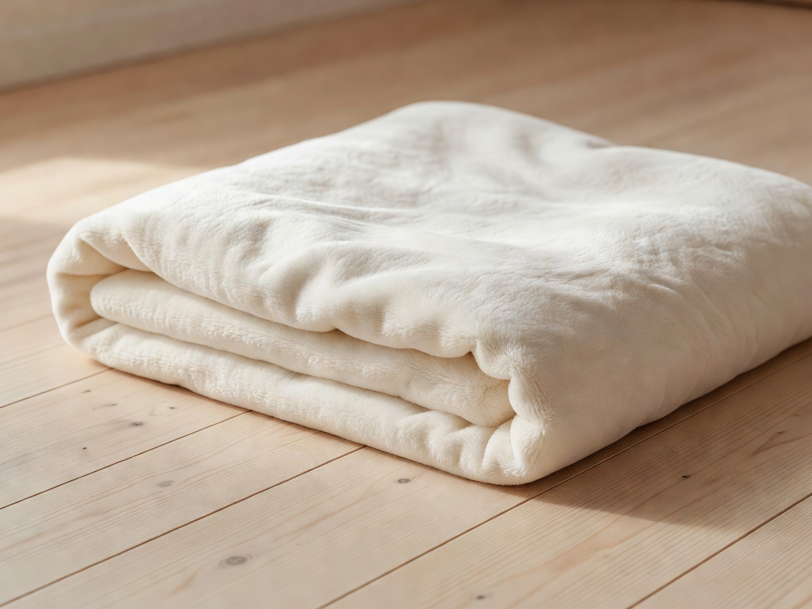 Close-up of a soft folded cotton blanket lying on a pale wooden floor