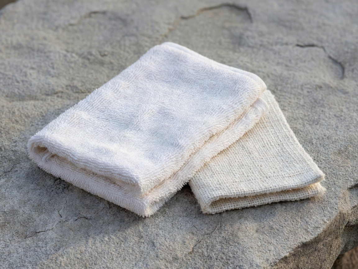 Close-up of a folded textured cotton washing cloth on a stone surface