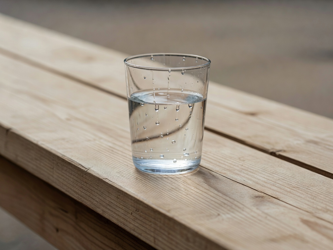 Close-up of a glass of cool water on a plain wooden bench