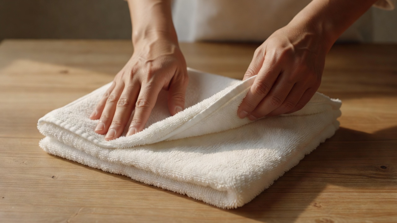 Close-up of hands folding a white cotton towel on a plain wooden table