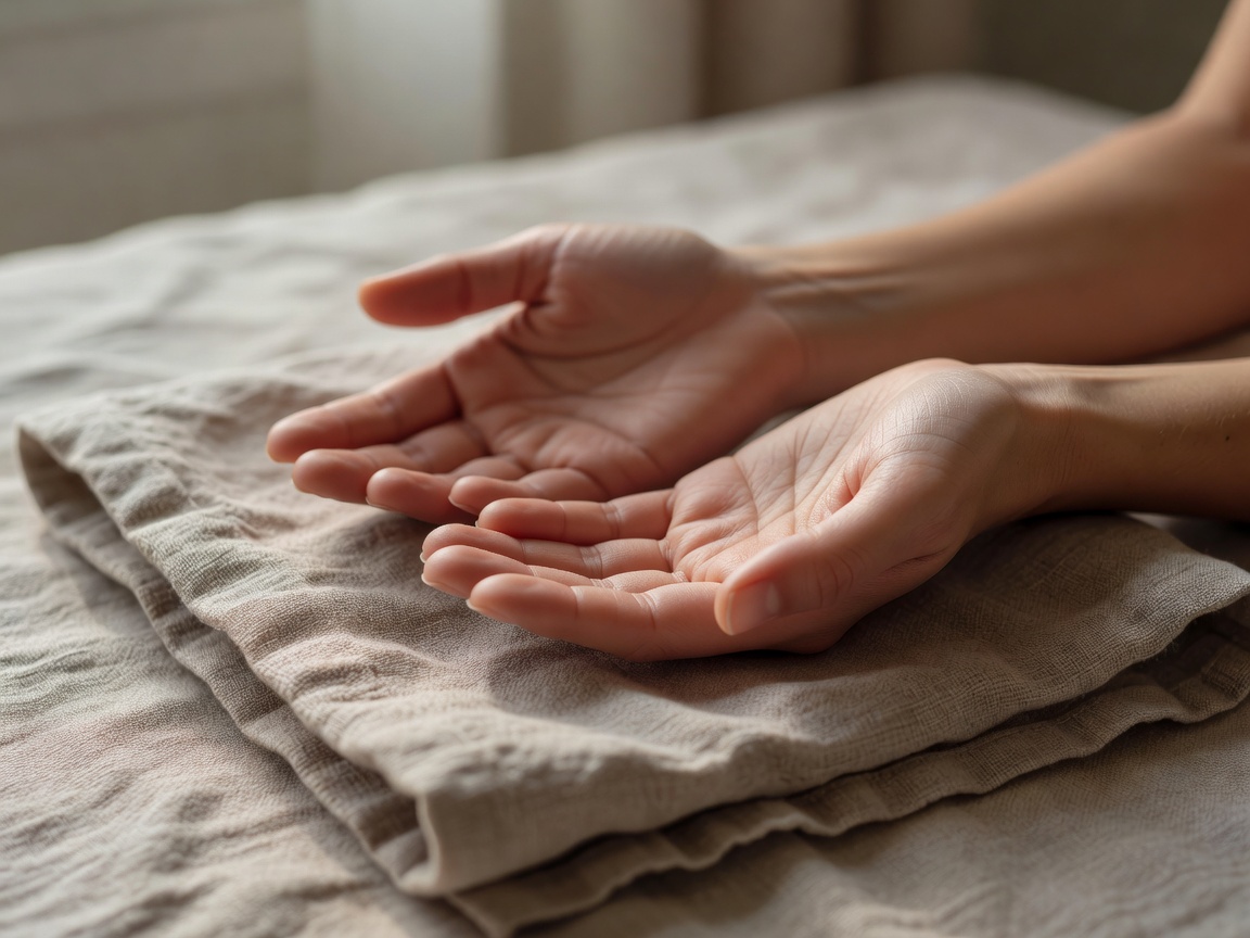 Close-up of relaxed open hands resting on a folded linen cloth
