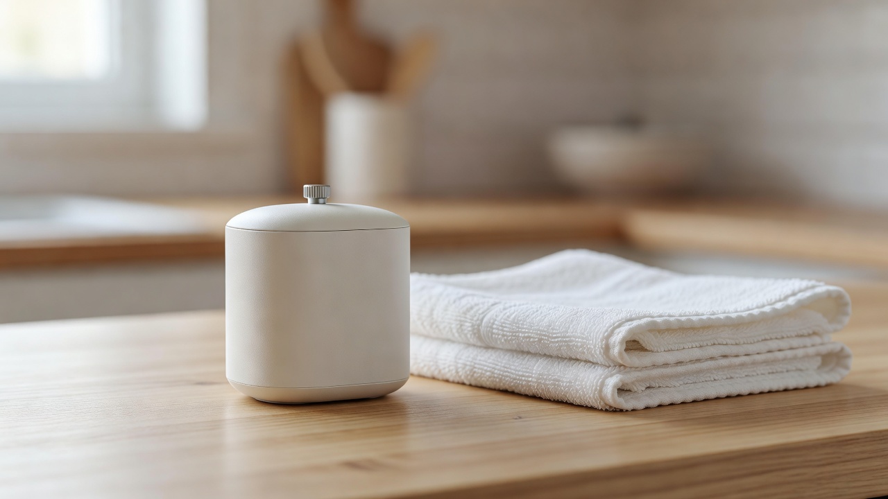 Close-up of a simple wind-up kitchen timer next to a folded white towel