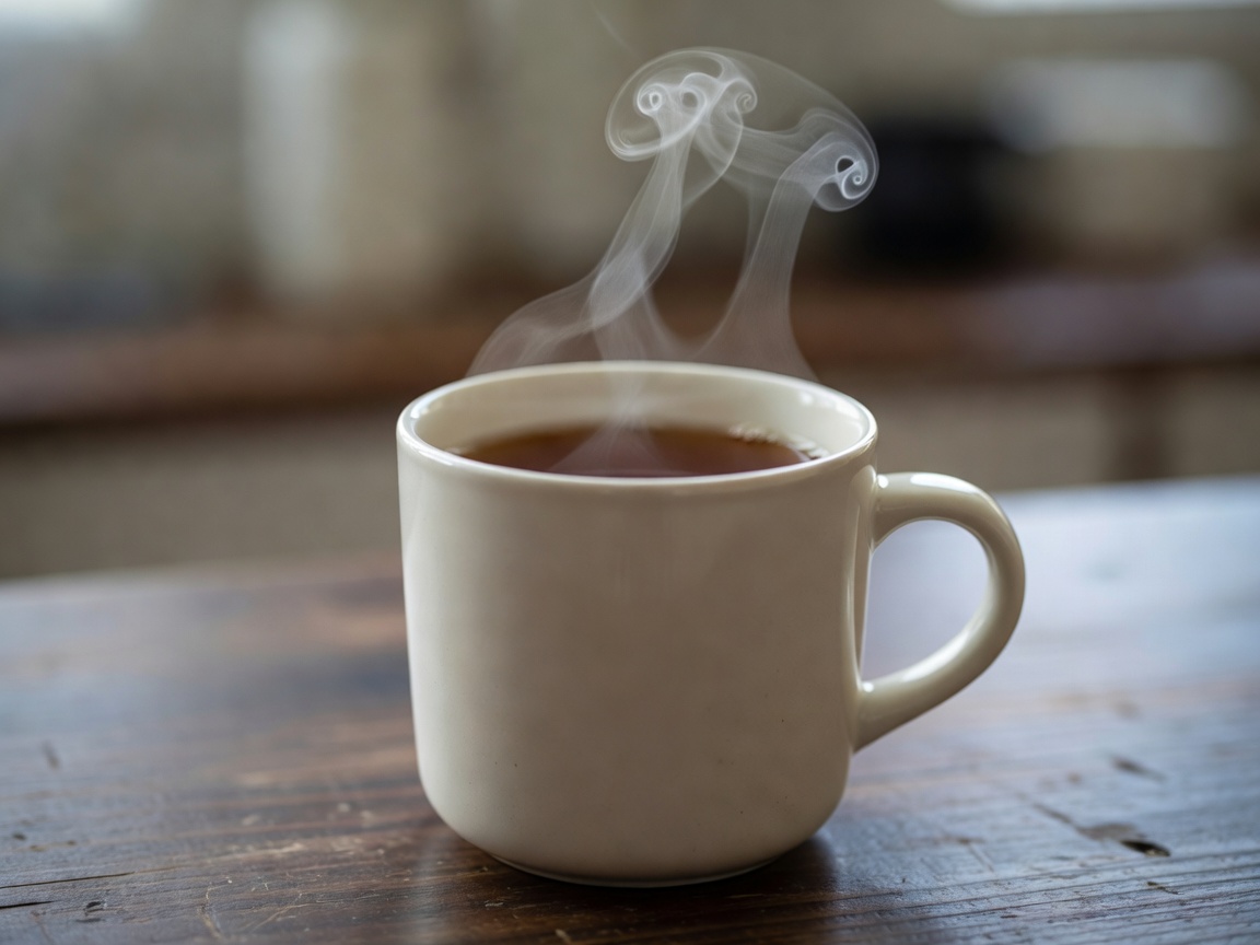 Shallow-focus close-up of steam rising from a plain ceramic mug of tea
