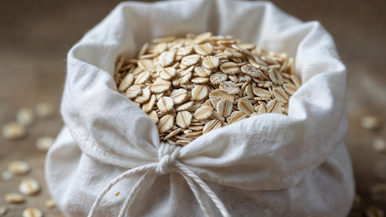 Close-up of rolled oats gathered in a plain white cotton cloth tied with string