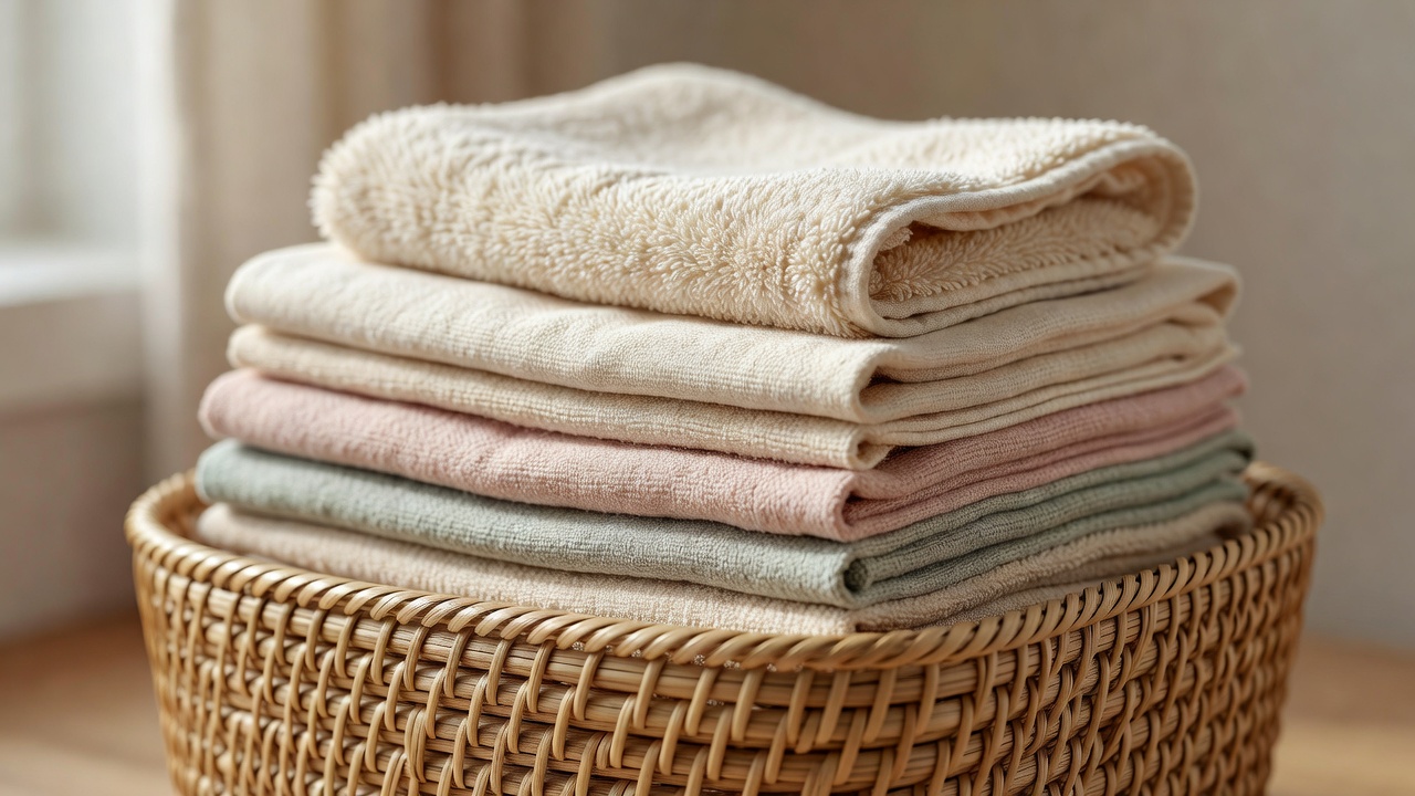 Close-up of a stack of reusable cotton flannels and a folded towel in a simple woven basket