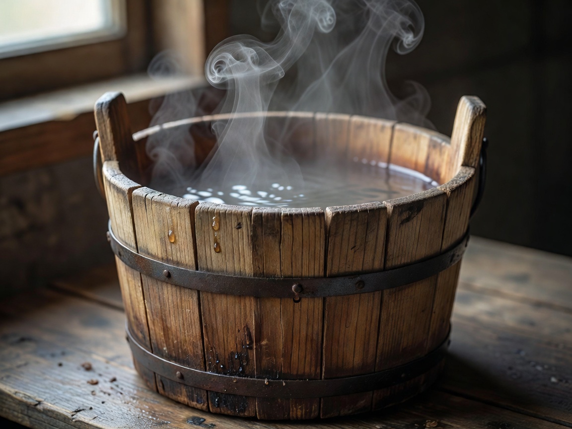 Close-up of steam rising from water in a plain wooden bucket